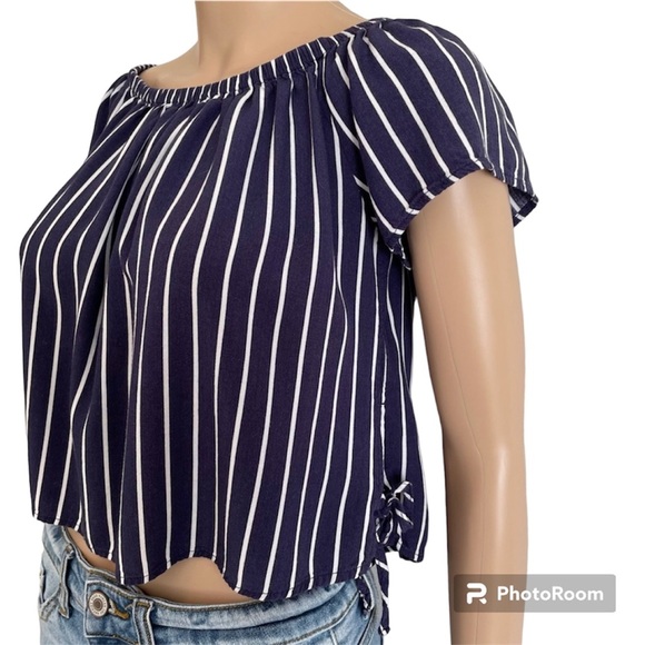 Divided Blue & White Striped Short Flutter Sleeve Cropped Blouse Top - Picture 3 of 7